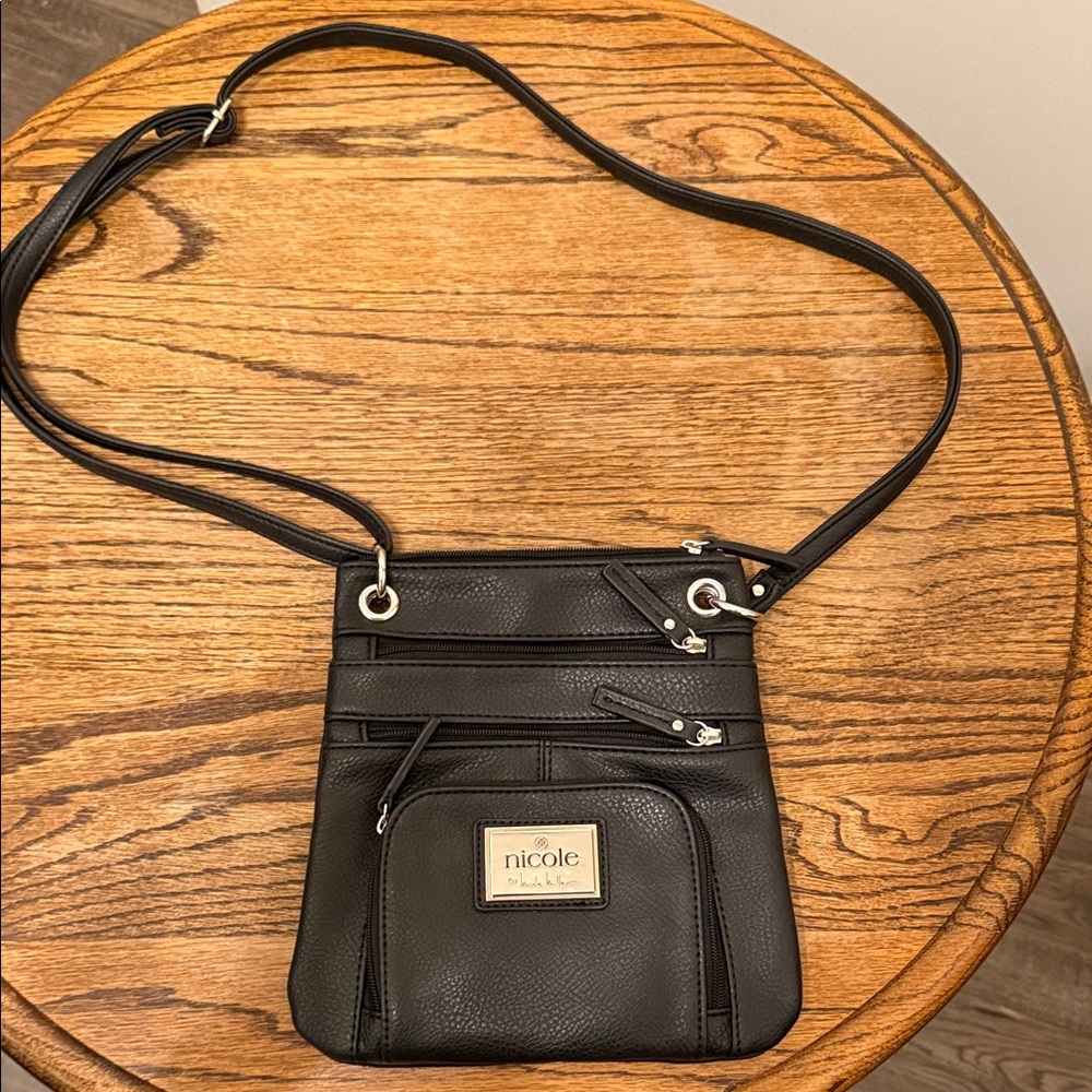 Nicole Elegant‎ Black Crossbody Bag 8x8x.75 multiple zipper pockets faux leather